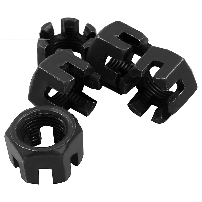M16×1,5, шлицевая корончатая гайка из углеродистой стали класса 4,8, чернооксидная, DIN 935 M16×1,5, шлицевая корончатая гайка из углеродистой стали класса 4,8, чернооксидная, DIN 935