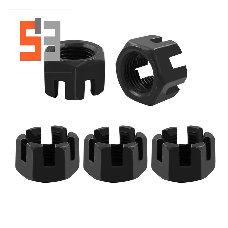 M16×1,5, шлицевая корончатая гайка из углеродистой стали класса 4,8, чернооксидная, DIN 935 M16×1,5, шлицевая корончатая гайка из углеродистой стали класса 4,8, чернооксидная, DIN 935